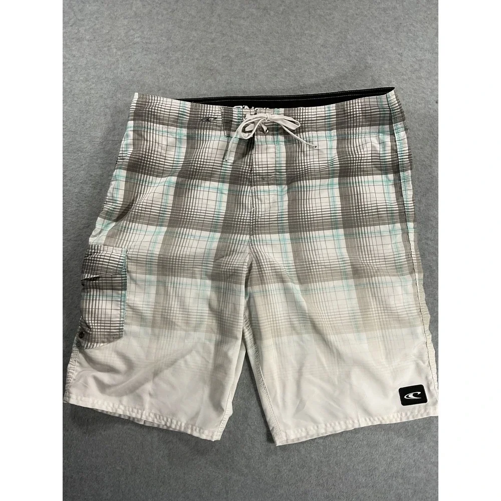 ONeill Mens Plaid Board Shorts Grey White Aqua Blue Cargo Pocket Size 34 2142